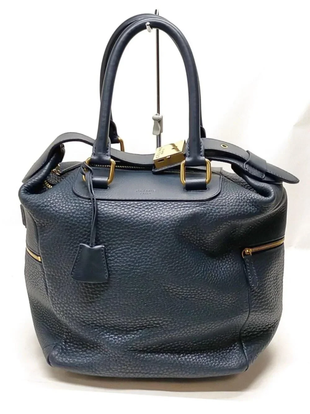Authentic Celine Navy Blue Pebbled Leather Padlock Top Handle Doctor Satchel Bag